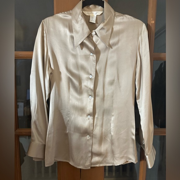 Express Tops - Express 100% Silk Tan Button Down Shirt *callout see pics